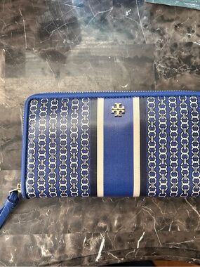 Tory Burch Royal Blue Zip-Around Wallet with Gold Hardware